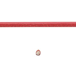 Cord, leather and cotton (dyed), red, 2.5mm zigzag-stitched round. Sold per 1-yard section.