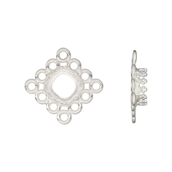Drop, JBB Findings, silver-plated brass, 15mm single-sided square with 8mm cushion bezel setting and 12 loops. Sold individually. image number 0