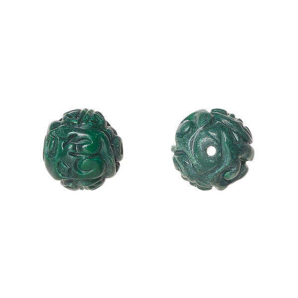 Bead, malachite (natural), 12mm carved round, B grade, Mohs hardness 3-1/2 to 4. Sold per pkg of 2. image number 0