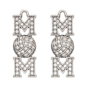 Focal, antique silver-finished "pewter" (zinc-based alloy) and glass, clear, 32x12mm single-sided mom and volleyball. Sold per pkg of 2.