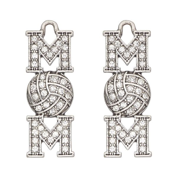 Focal, antique silver-finished "pewter" (zinc-based alloy) and glass, clear, 32x12mm single-sided mom and volleyball. Sold per pkg of 2. image number 0