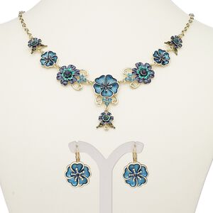 Necklace and earring set, enamel / glass rhinestone / gold-finished steel / "pewter" (zinc-based alloy), teal / blue / teal green, flowers, 18-inch necklace with 2-inch extender chain and lobster claw clasp, 27mm earrings with leverback ear wire. Sold per set.