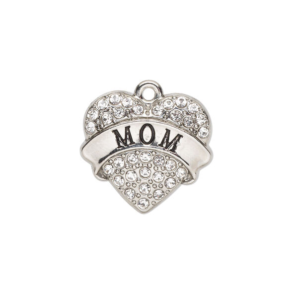 Charm, glass / enamel / silver-finished "pewter" (zinc-based alloy), clear and black, 20x18mm single-sided heart with "MOM." Sold individually. image number 0