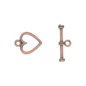 Clasp toggle 1pkg20 copper-plated "pewter" (zinc alloy), 12mm double-sided heart, antique 1-strand