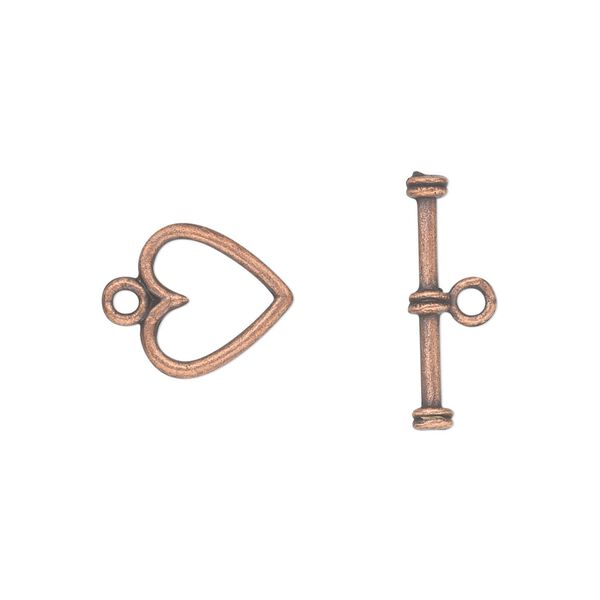 Clasp, toggle, antique copper-plated "pewter" (zinc-based alloy), 12x12mm double-sided heart. Sold per pkg of 20. image number 0