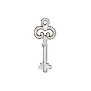 Charm, antique silver-plated pewter (tin-based alloy), 23x10.5mm double-sided key. Sold per pkg of 2.