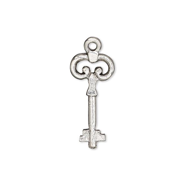Charm, antique silver-plated pewter (tin-based alloy), 23x10.5mm double-sided key. Sold per pkg of 2. image number 0