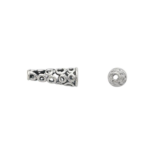 Cone, JBB Findings, antiqued sterling silver, 14x5mm with circles, 3.5mm inside diameter. Sold per pkg of 2. image number 0