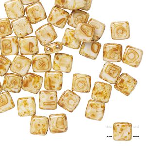 Bead, Preciosa, Czech pressed glass, opaque cream tortoise, 6x6mm flat square with (2) 0.7mm holes. Sold per pkg of 40.