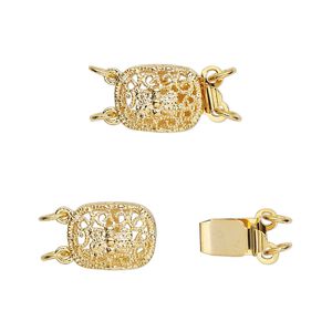 Clasp tab 1pkg4 gold-plated, 12x9mm filigree oval, brass 2-strand