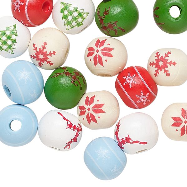 Bead mix, Korean boxwood, mixed colors, 10mm round with holiday designs. Sold per pkg of 20. image number 0