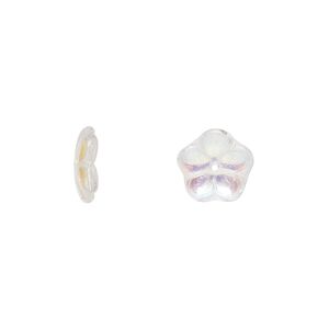 Bead cap, Czech pressed glass, clear AB, 10x3mm flower, fits 8-10mm bead. Sold per pkg of 50.
