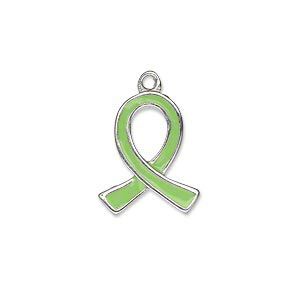Charm, silver-plated "pewter" (zinc-based alloy) and enamel, lime green, 18x15mm single-sided awareness ribbon. Sold individually.