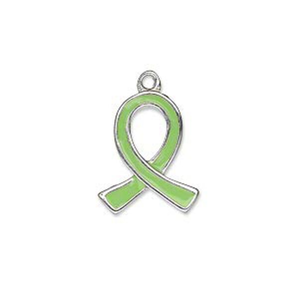 Charm, silver-plated "pewter" (zinc-based alloy) and enamel, lime green, 18x15mm single-sided awareness ribbon. Sold individually. image number 0