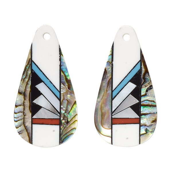 Drop, black lip shell / paua shell / resin, multicolored, 26x14mm single-sided right- and left-facing flat teardrop. Sold per pkg of 2. image number 0