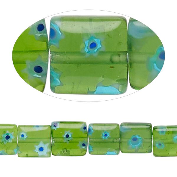 Bead, millefiori glass, translucent green / white / cobalt blue / light blue, 8mm puffed square with flower design. Sold per 14-inch strand. image number 0