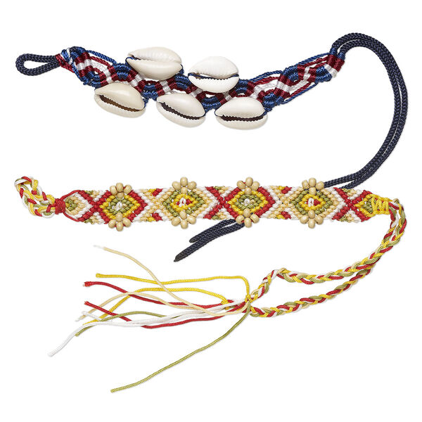 Bracelet, Just for Fun, nylon / Chinese littleleaf boxwood / gold-ringer cowrie shell, mixed colors, 20-30mm wide, 6-9 inches with macramé closure and tie closure. Sold per pkg of 5. image number 2