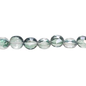 Quartz crystal 1pkg1, hand-cut faceted puffed flat round bead 7 inch 6-8mm
