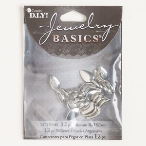 Bail, glue-on, brass, pkg/12, 12x8mm leaf with 7x4mm pad, silver finish.