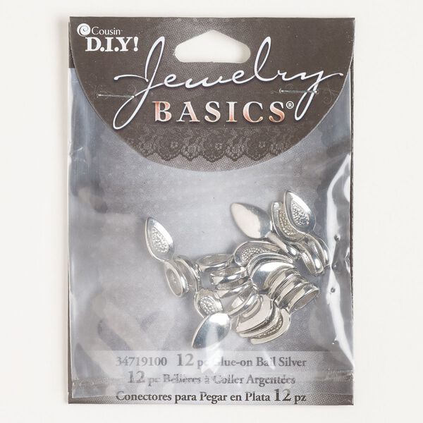 Bail, glue-on, brass, pkg/12, 12x8mm leaf with 7x4mm pad, silver finish. image number 0
