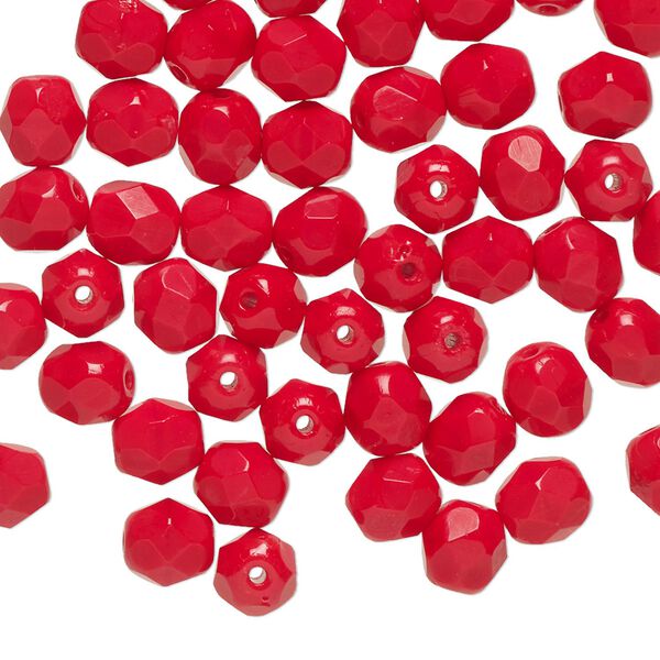 Bead, Czech fire-polished glass 1pkg1200, opaque red, 6mm faceted round. image number 0