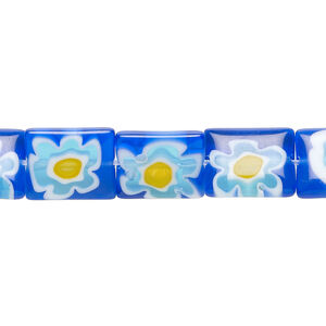 Bead, millefiori glass, translucent multicolored, 11x9mm-12x10mm puffed rectangle. Sold per 14-inch strand.