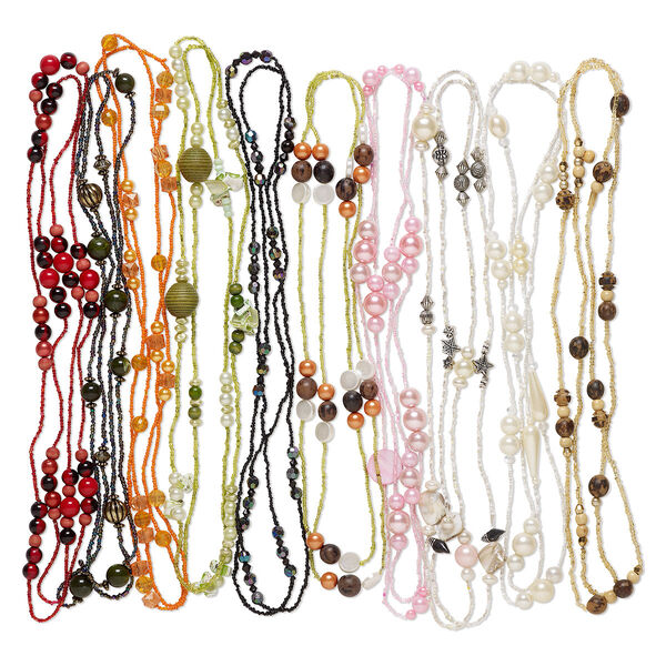 Necklace mix, glass / acrylic / wood, multicollored, round and seed bead, 56-inch continuous loop. Sold per pkg of 10. image number 0