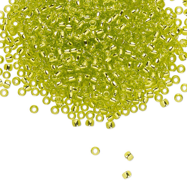 Seed bead, TOHO BEADS®, glass, pkg/7.5g, #11 round, transparent silver-lined lime green (TR-11-24). image number 0