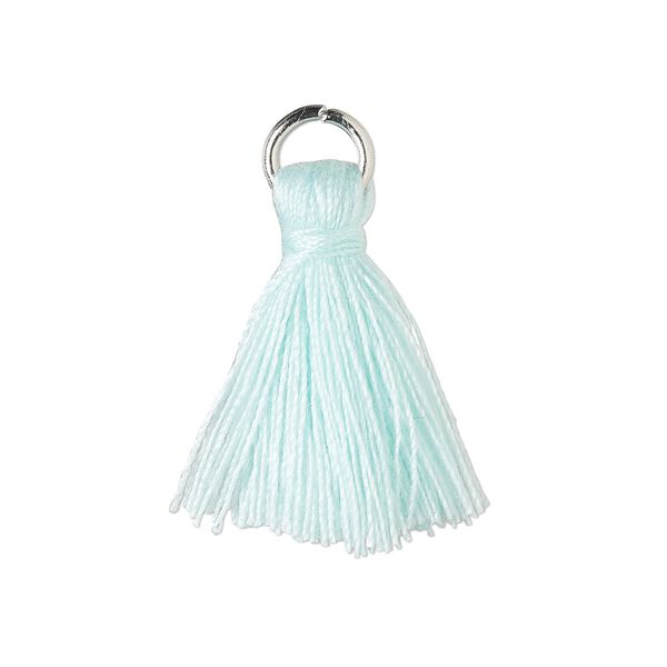 Tassel, cotton and imitation rhodium-finished steel, mint green, 20-24mm mini tassel with 6mm open jump ring. Sold per pkg of 6. image number 0