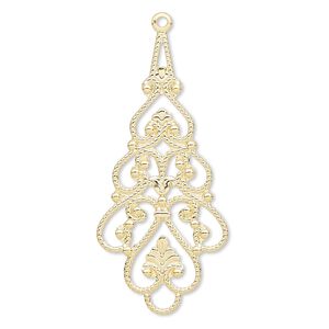 Focal, gold-plated brass, 38x18mm filigree teardrop. Sold per pkg of 10.