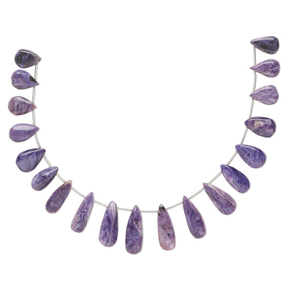 Bead, charoite (natural), 13x6mm-23x10mm graduated hand-cut top-drilled flat teardrop, B grade, Mohs hardness 5 to 6. Sold per pkg of 18. image number 0