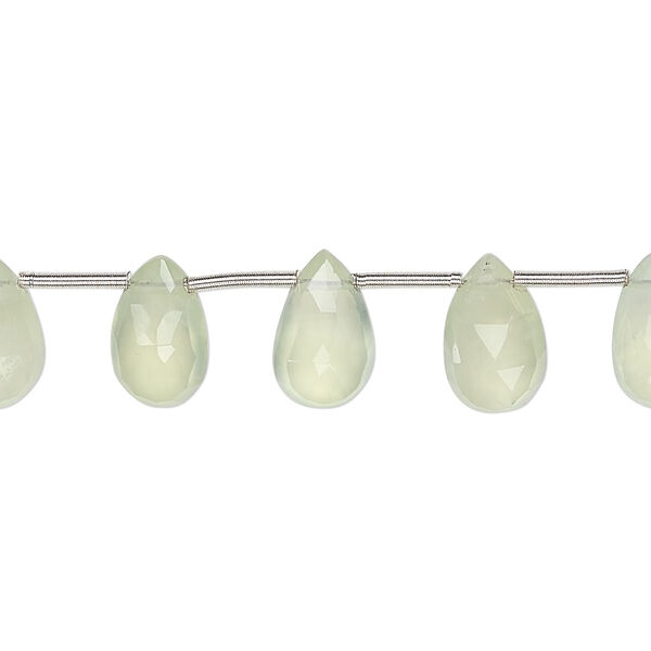 Bead, prehnite (natural), 9x7mm-11x7mm hand-cut faceted puffed teardrop, B grade, Mohs hardness 6 to 6-1/2. Sold per 8-inch strand, approximately 19 beads. image number 0