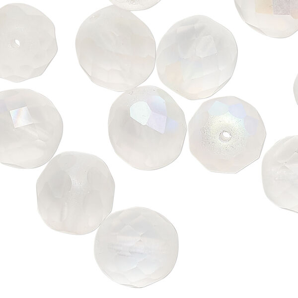 Bead, Czech fire-polished glass 1pkg30, translucent matte opal AB, 12mm faceted round. image number 0
