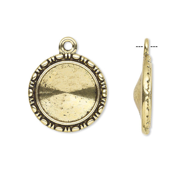 Drop, Almost Instant Jewelry®, antique gold-finished "pewter" (zinc-based alloy), 19mm round with beaded design and 14mm rivoli setting. Sold per pkg of 6. image number 0