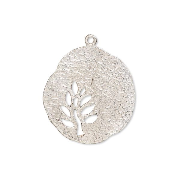 Drop, silver-plated copper, 24x23mm hammered freeform with tree cutout. Sold individually. image number 0