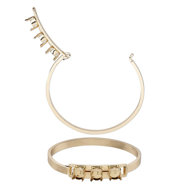 Bracelet, bangle, gold-finished brass, 9mm wide with (3) SS39 4-prong rivoli settings, 7 inches. Sold individually. image number 0