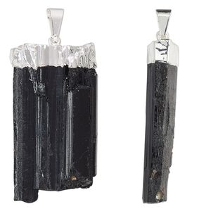 Black tourmaline / copper / brass 1pkg1, silver-plated freeform point pendant natural 32x13mm-40x21mm