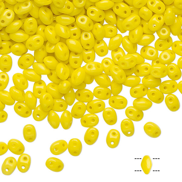 Bead, Preciosa Twin™, Pressed Twin, Czech pressed glass, yellow, 5x2.5mm oval with 2 holes. Sold per 10-gram pkg. image number 0