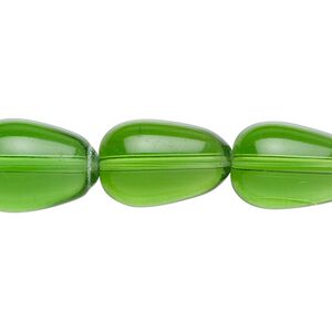 Bead, glass, transparent green, 17x11mm-18x13mm teardrop. Sold per 15-1/2" to 16" strand.