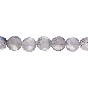 Iolite 1pkg1, hand-cut faceted puffed flat round bead 8 inch 6-8mm