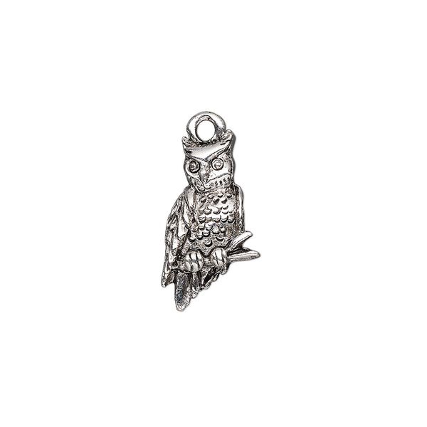 Charm, antique silver-plated pewter (tin-based alloy), 20x11.5mm 3D owl. Sold individually. image number 0