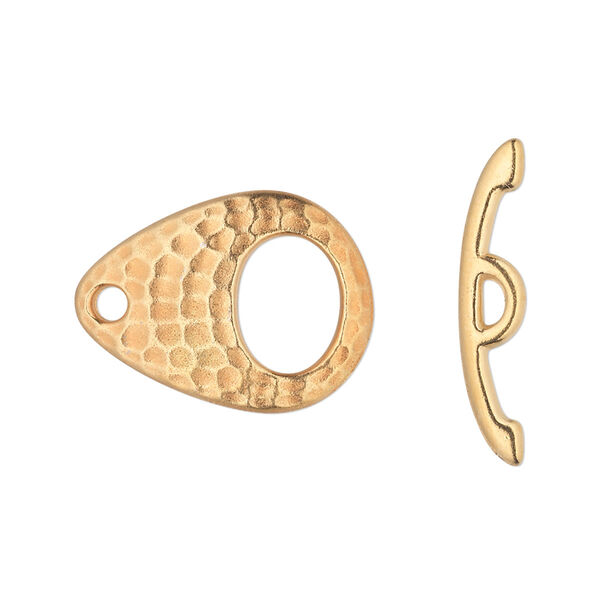 Clasp, TierraCast®, toggle, gold-plated pewter (tin-based alloy), 22x16mm hammered teardrop. Sold per pkg of 10. image number 0
