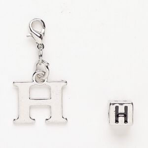 Charm and bead 1pkg2 antiqued silver-finished "pewter" (zinc-based alloy) / steel / enamel, black, 16x13mm "H" with lobster claw clasp and 7mm cube with "H".