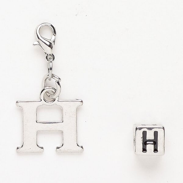 Charm and bead 1pkg2 antiqued silver-finished "pewter" (zinc-based alloy) / steel / enamel, black, 16x13mm "H" with lobster claw clasp and 7mm cube with "H". image number 0