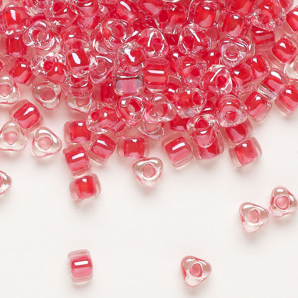 Seed bead, Miyuki, glass, transparent clear color-lined red, (TR1111), #5 triangle. Sold per 250-gram pkg. image number 0