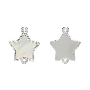 Link 1pkg2 silver-finished brass / mother-of-pearl shell (bleached), white, 14mm star.