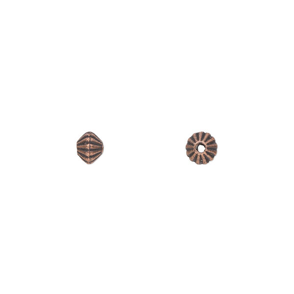 Bead, antique copper-plated "pewter" (zinc-based alloy), 5x3mm-5x4mm double-sided corrugated double cone. Sold per pkg of 100. image number 0