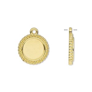 Drop, gold-finished brass, 15mm single-sided beaded round with 10mm round setting. Sold per pkg of 10.