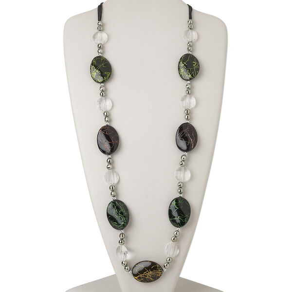 Necklace, acrylic / waxed cotton cord / silver-coated plastic / silver-finished steel, multicolored, flat oval, 38 inches with a 2-inch extender chain and lobster claw clasp. Sold individually. image number 0