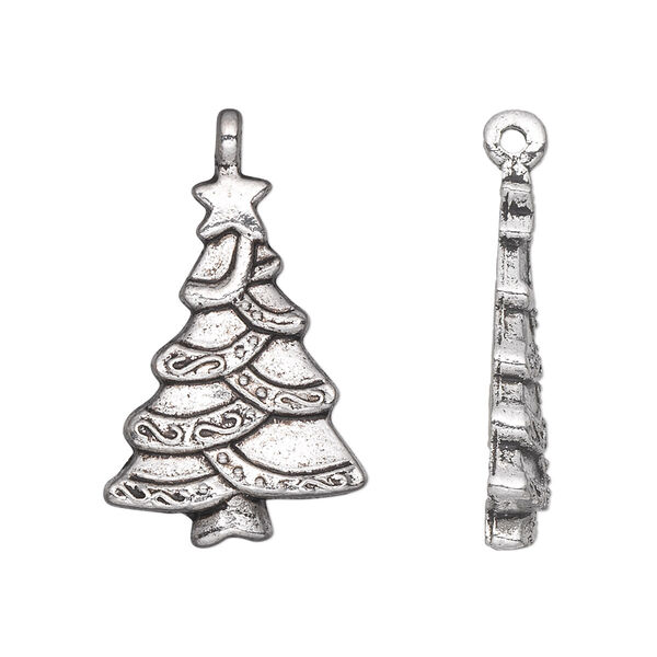 Charm, antique silver-plated "pewter" (zinc-based alloy), 25x18mm single-sided Christmas tree. Sold per pkg of 10. image number 0
